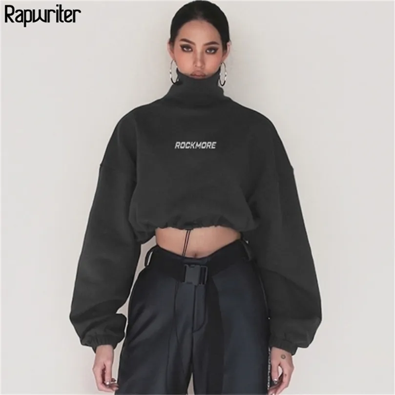 Rapwriter Fashion Harajuku Cotton Turtleneck Sweatshirt Women Autumn Loose Long Sleeve Montered Midje Crop Top Pullovers 201210