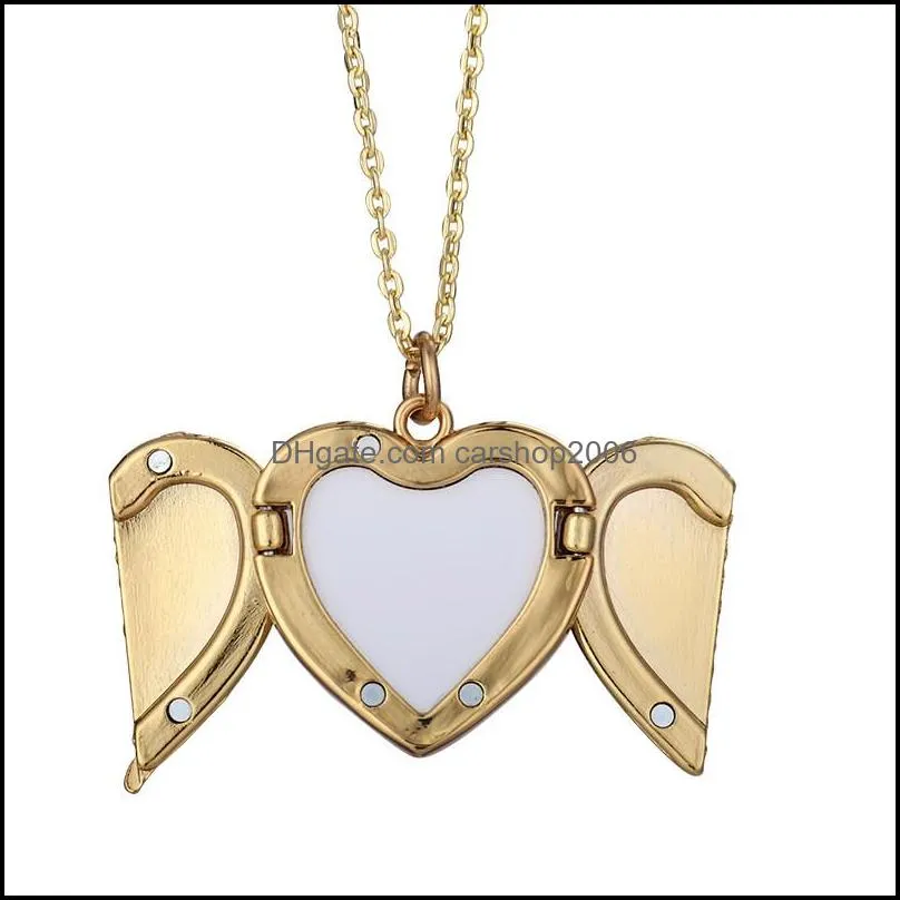 sublimation blanks pendant decorations locket photo necklace angel wings hot transfer printing heart shape wing pendant trays chains for diy jewelry