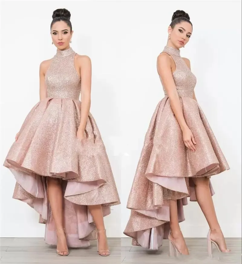 2024 Rose Gold Sequined African Prom Dress Sleeveless High Low A Line Formal Gown