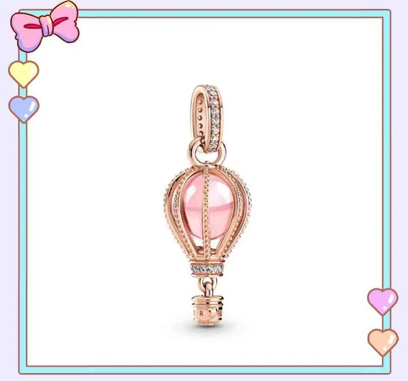S925 Silver Bracelet Pandora 1:1 Rose Gold Pink Hot Air Balloon Pendant Summer Gift