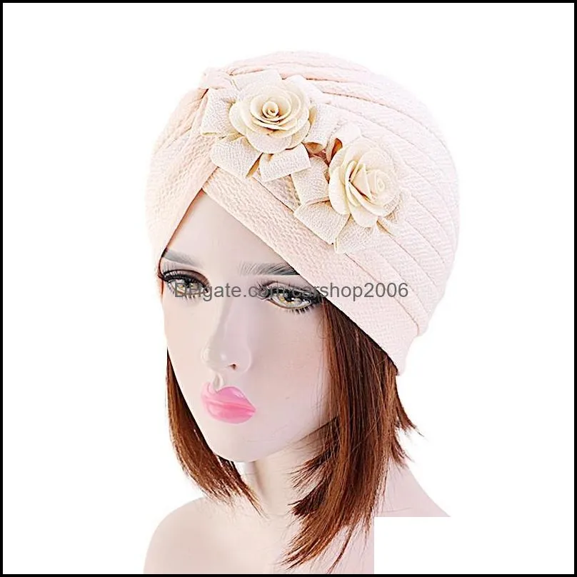 solid color rosette turban cap muslim women`s pleated wrap hijab hats beanies fashionable african ladies party headwear bonnet