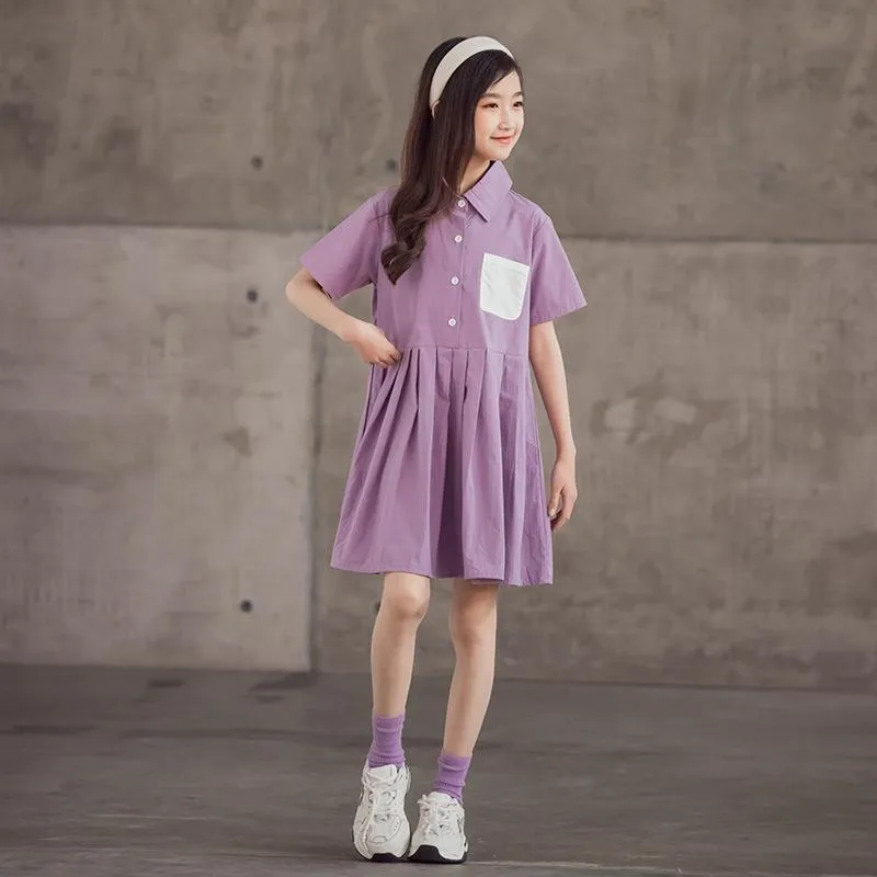 女の子のドレスプレッピーガールズドレスコットンティーンキッズサマーボタンポケット2022子供服赤ちゃんカジュアル服、＃6312