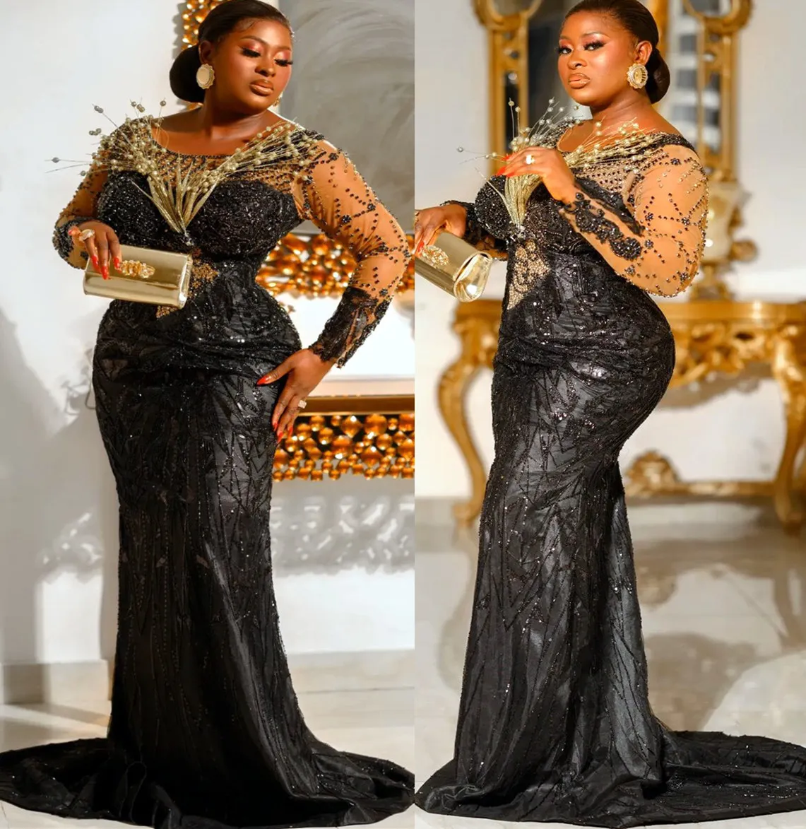 2022 Plus Size Arabic Aso Ebi Black Mermaid Stylish Prom Dresses Sequined Lace Sexig Evening Formal Party Second Reception Birthday Engagement Gowns Dress ZJ787