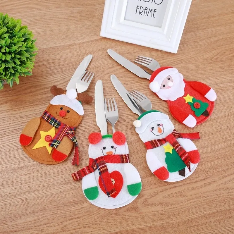 Bordsartiklar Juldekorationer Santa Claus Snowman Reindeer Xmas Cutlery Fork Knife Holder Bag Kitchen Navidad Decorations