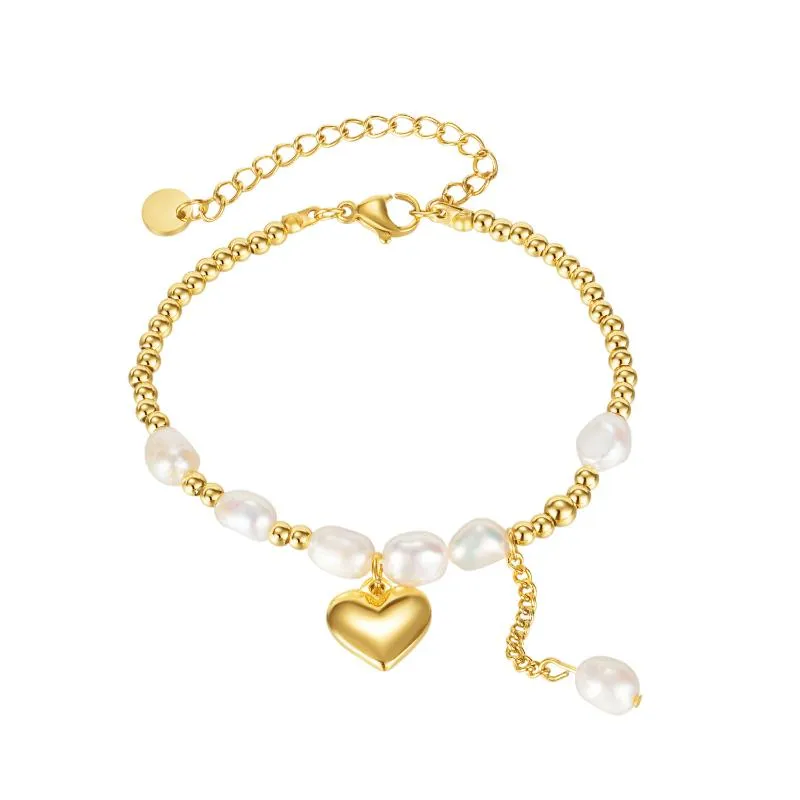 Chaîne à maillons pour femmes, bracelet à breloques en forme de cœur, boule en acier inoxydable doré avec perles d'eau douce, pour cadeaux sucrés, 16cm, 6cmLink