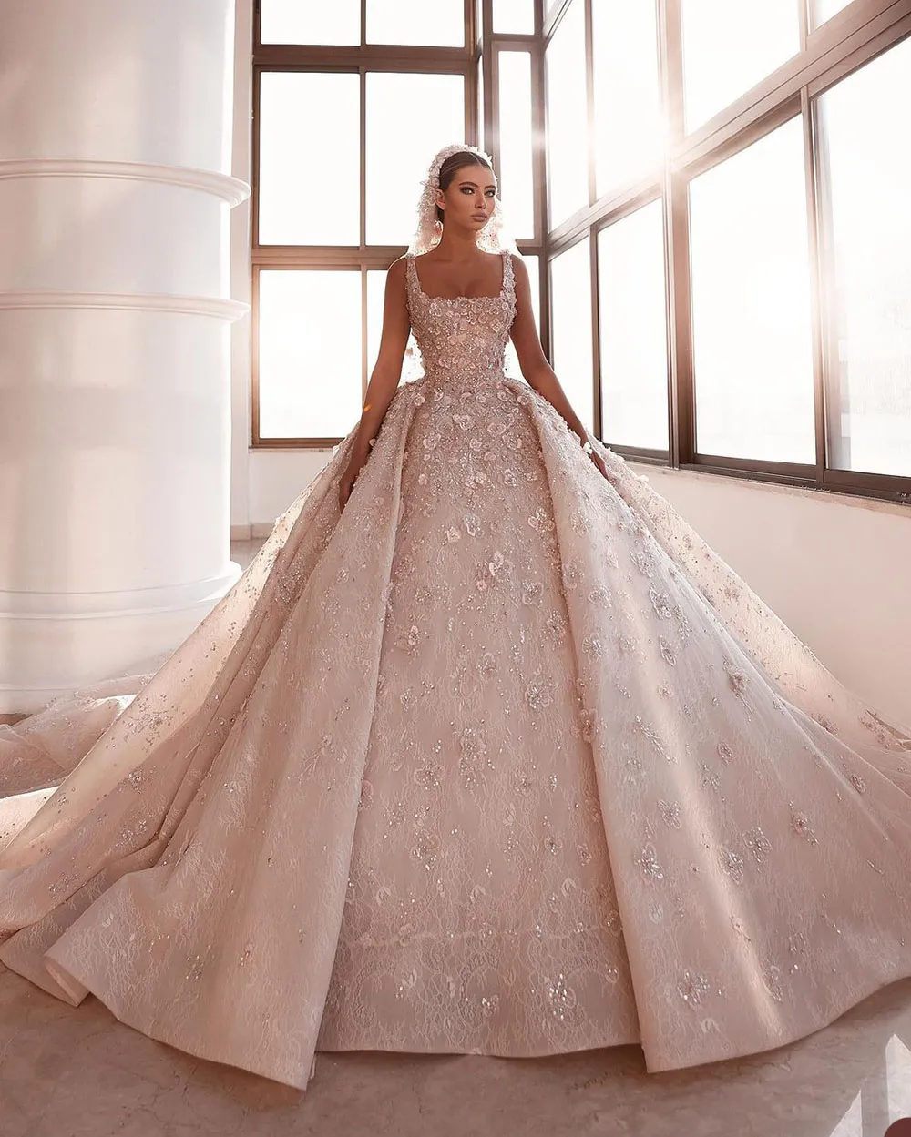 Custom-made Plus Size ballgown champagne wedding dress with Appliques, Sleeveless Backless Design, Spaghetti Straps, Tulle Applique, Sequins, and