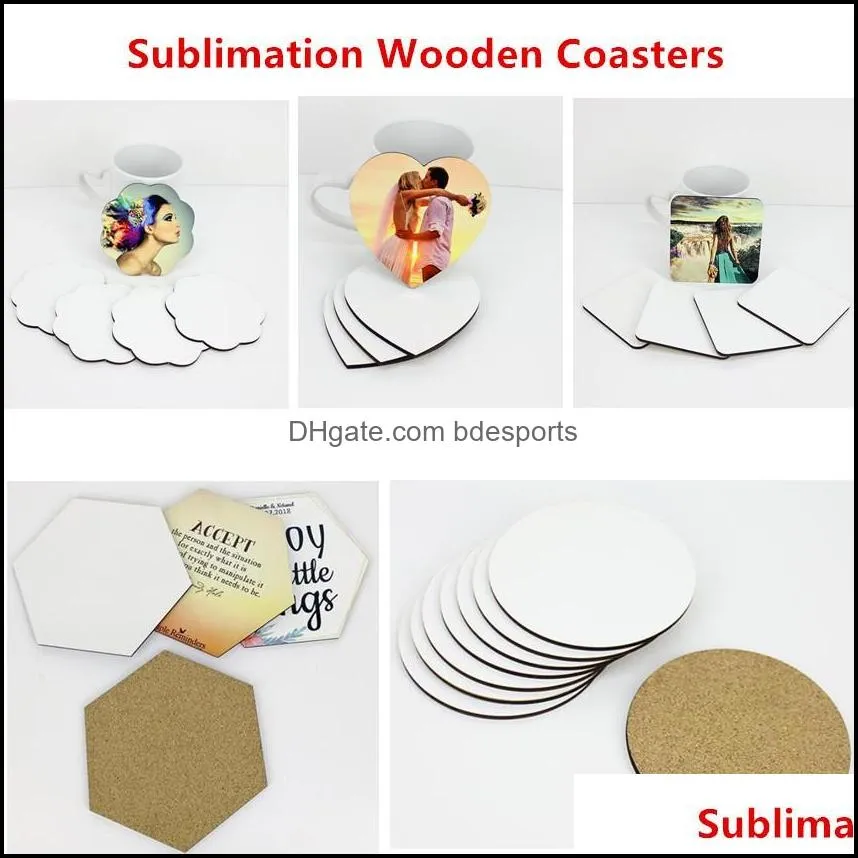 5 Style Drinkware Sublimation Blanks Round Cups Wood Coasters Table Mats MDF Hardboard Coaster Heat Insulation Thermal Transfer Cup