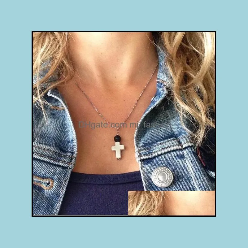 Fashion Black Lava Stone Beads Cross Leaf necklace Aromatherapy  Oil Perfume Diffuser Pendant Necklace for women jewelry