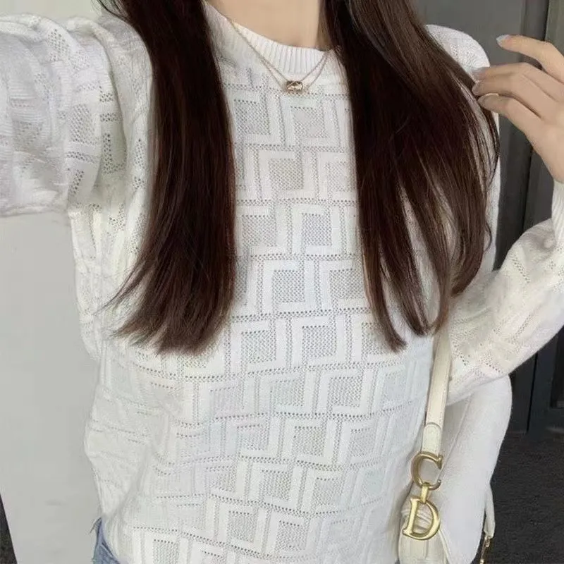 High Quality Designer Women's Knits Hollow Out Long Sleeves Fashion Pullover Full F Letter Embossed Print Knit White Top