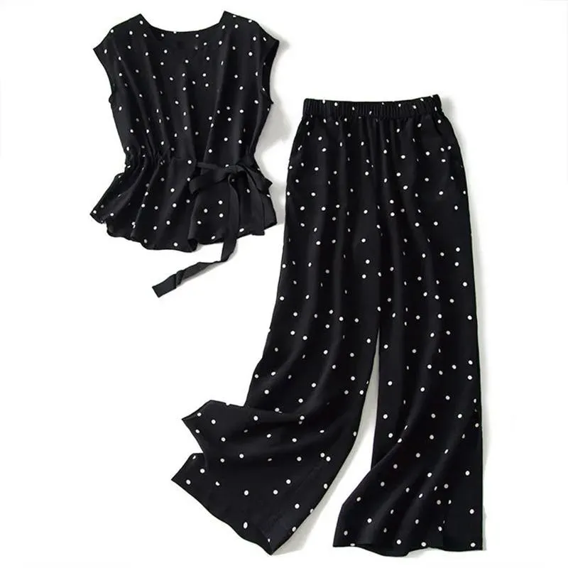 Kvinnors tvådelade byxor Matchande kostym Polka Dot Chiffon-byxor Tvådelar stor storlek 2022 Summer Korean Fashion Retro Casual Top Wide Leg