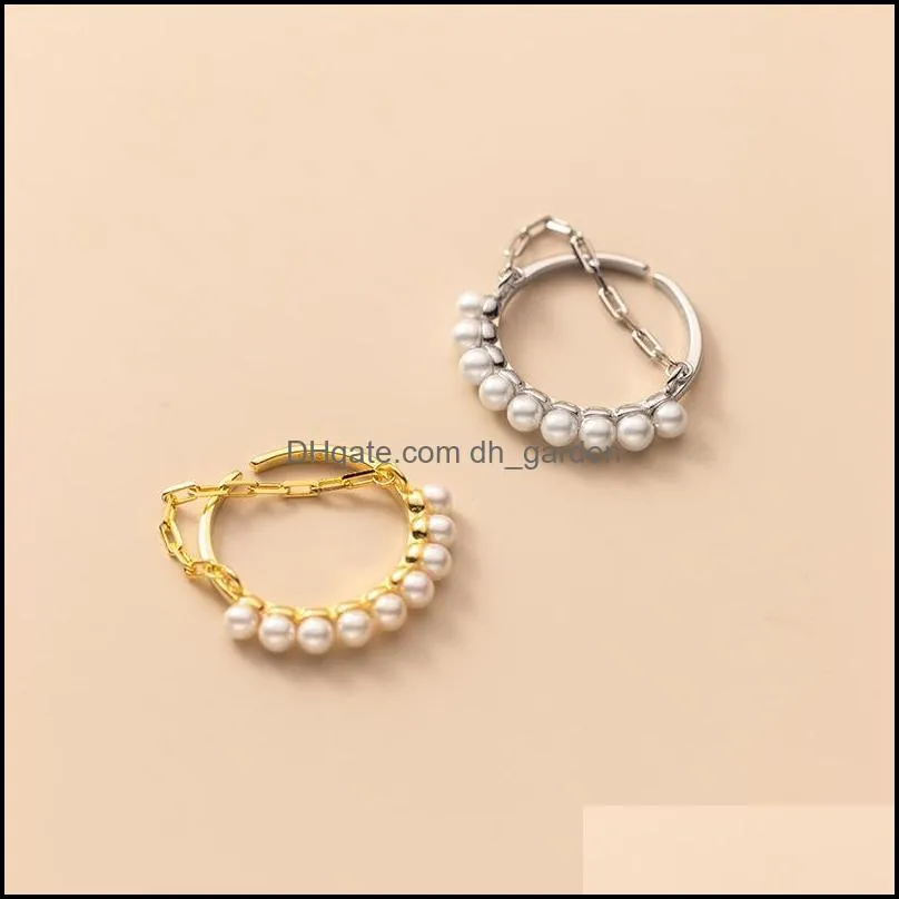 Cluster Rings Genuine 925 Sterling Silver Seashell Pearl Chain Open Ring Korean Style Double Layered Adjustable For Women
