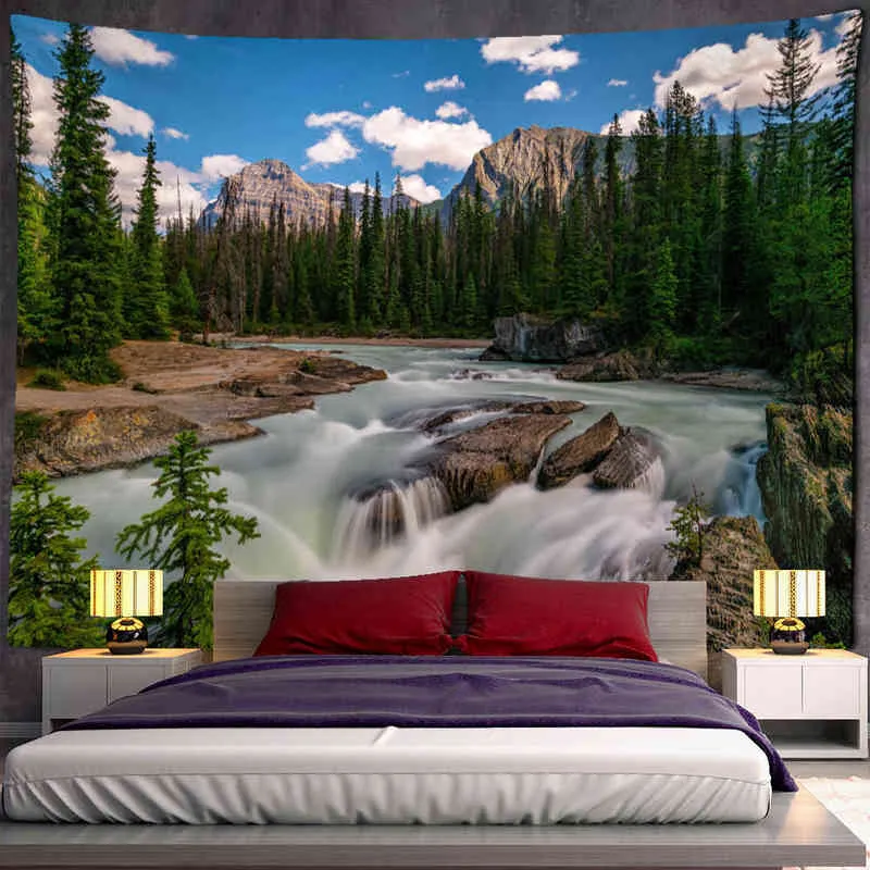 Tapestry Waterfall Mountain Park Landscape Carpet Wall Hanging Bohemian Psyched
