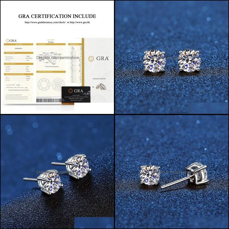 Real Stud Earrings 14K White Gold Plated Sterling Silver 4 Prong Diamond Earring for Women Men Ear Stud 1ct 2ct 4ct 220211