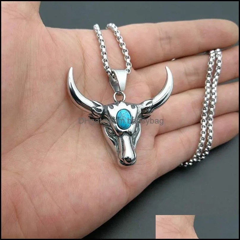 Pendant Necklaces Punk Retro Stainless Steel Turquoises Tau Bull Head Pendants For Men Rock Jewelry Drop