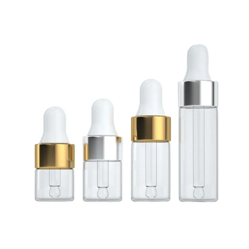 Bouteille d'huile essentielle en verre transparent vide portable, petit échantillon, couvercle en or et argent, dessus en caoutchouc noir et blanc, emballage cosmétique, flacons compte-gouttes 1 ml 2 ml 3 ml 5 ml