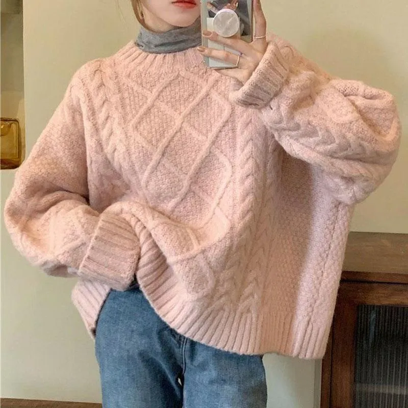 Kadın Sweaters Lucyever Vintage Yuvarlak Boyun Twist Sweater Kadınlar 2022 Katı Gevşek Örme Sakiller Kadın Uzun Kollu Tüm Maç Üstleri Mujerwo
