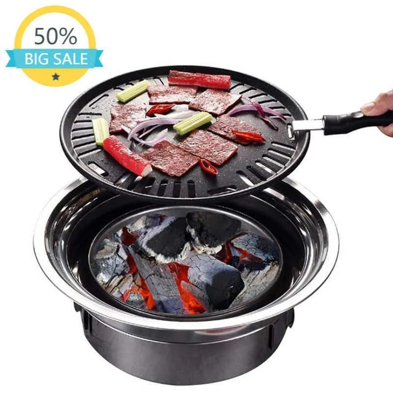 BBQ Griglia a Carbone Portatile per Uso Domestico Coreano Rotondo Carbon Barbecue Fornello da Campeggio per Esterni, Interni e Picnic