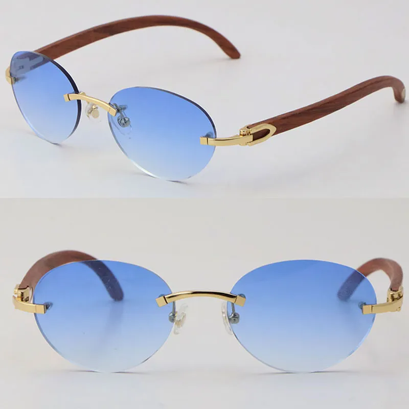 Venta al por mayor Nuevo modelo Lujo Madera Metal Sin montura Gafas de sol Mujer Diseño Modelo clásico Gafas de sol de madera Hombre Moda 18K Oro Redondo Adumbral Tamaño del marco: 54-18-140MM