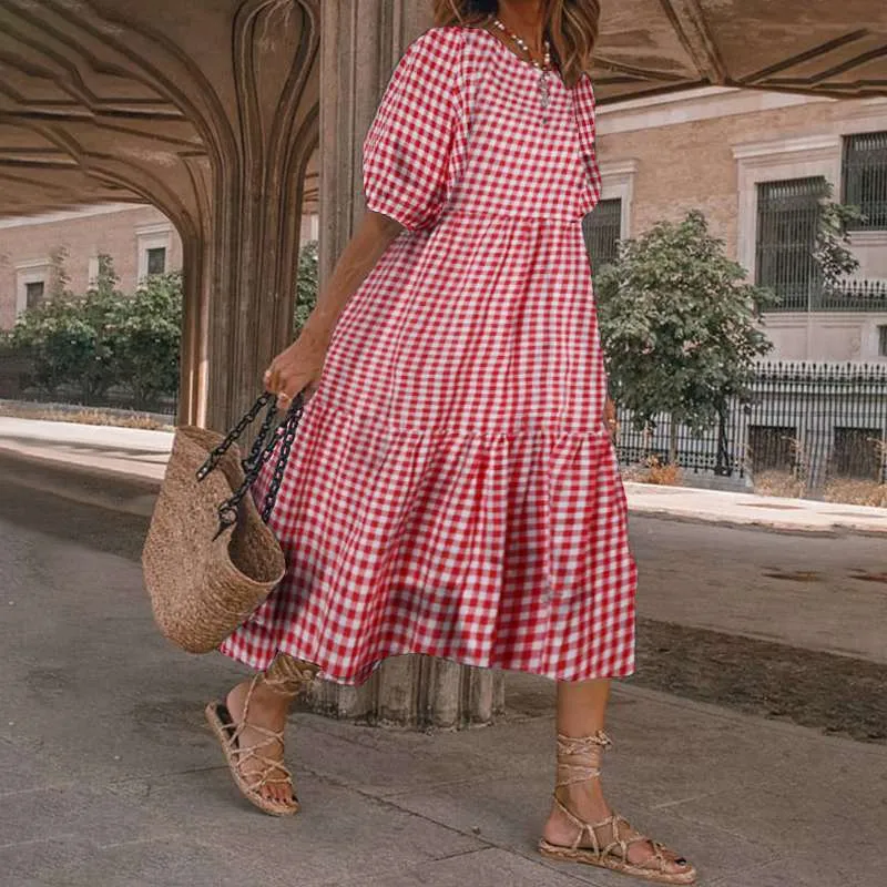 Summer Dress 2022 VONDA Robe Women Spring Short Sleeve Vintage Plaid Printed Sundress Loose Pleat Mid-Calf Dresses Lady Vestidos