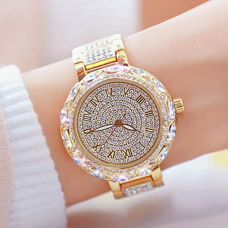 Womens Gold Diamond Quartz Womens Wristwatch With Big Dial And