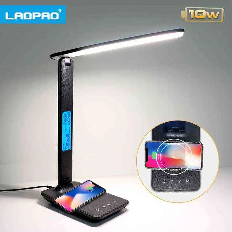 Laopao10W Qi Kablosuz Şarj LED Masa Lambası Takvim Sıcaklık Sıcaklık Çalar Saat Gözü Okuma İş Işık Tablo Lambası H220423