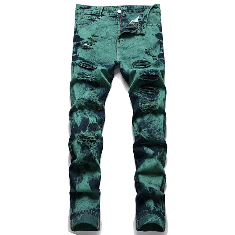 Tie Dye Green Black Men's gescheurde jeans 2022 Slim rechte gaten denim broek voor mannelijke mode casual streetwear pantalones