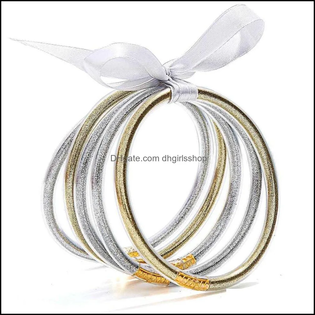 all weather bangle glitter filled stardust silicone circle women bowknot jelly bangles bracelet femme jewelry 5 pcs/set