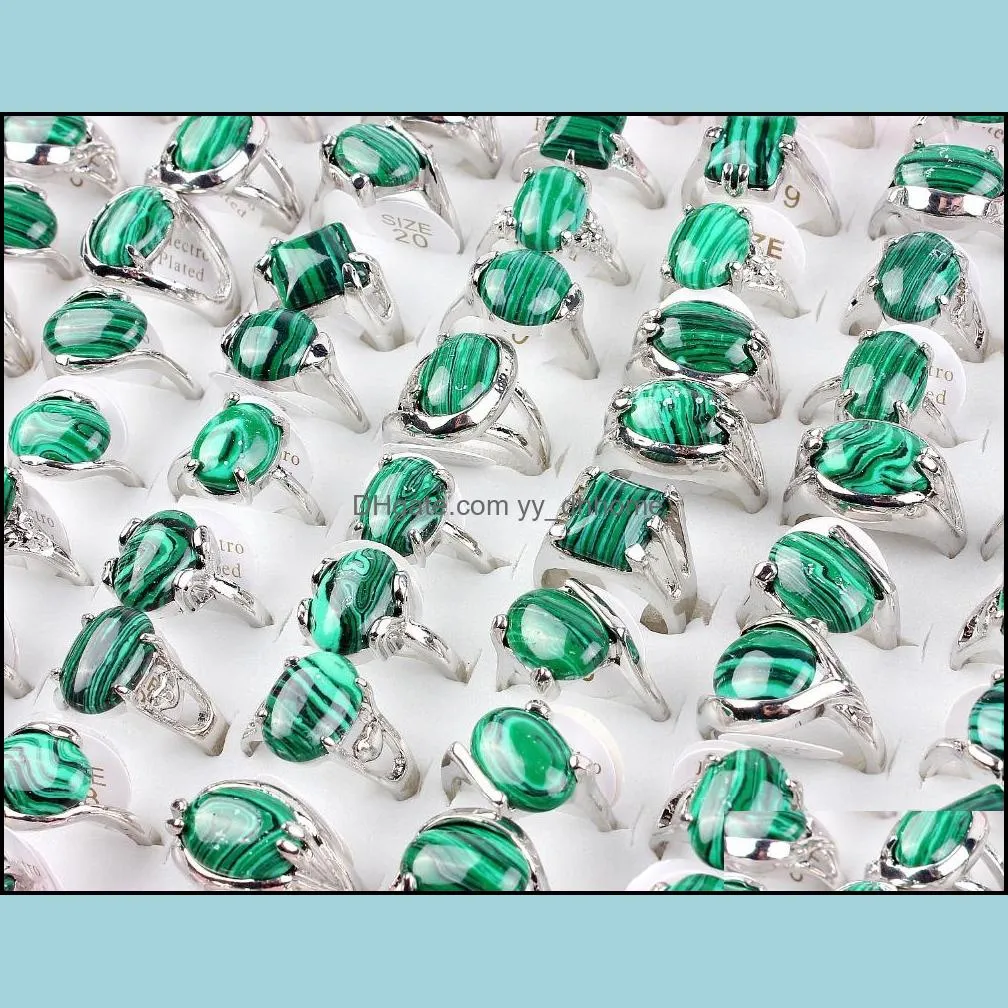 wholesale bulk 36pcs rings band mix style green malachite gem stone tibet silver plated finger ring women men wedding