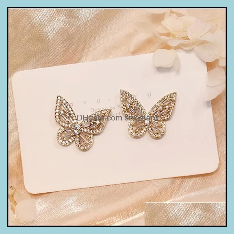 Stud Earrings sieraden Fashion Butterfly For Women Rhinestone Cute Girl Zirkon Earring Groothandel Drop Delivery 2021 SC7FY