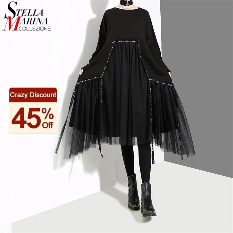 Plus Größe Frau Winter Solid Black Lose Kleid Langarm Mesh Overlay Bänder Damen Casual Stil Midi Kleid Robe Femme 4564 210303