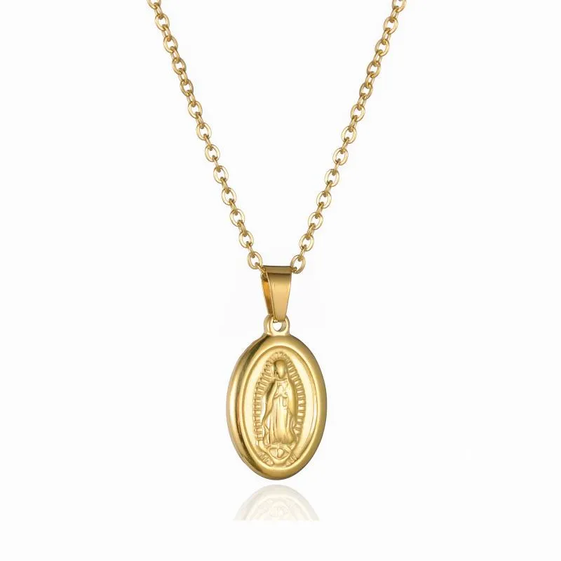 Pendentif Colliers Petite Vierge Marie Collier Or Religieux Chrétien Bijoux En Acier Inoxydable Ovale Médaille Pièce Pour Femmes HommesPendentif