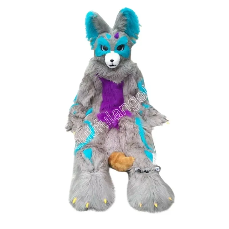 Halloween Long Fur Husky Fox Doll Mascot Costume Cartoon Catado Tema Carta