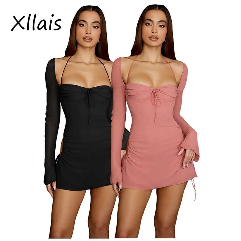 Xllais toptan ürünler kadınlar parlar uzun kollu pembe elbise moda kare yaka bandaj elbiseleri seksi kesim parti kulüp vestidos 220507