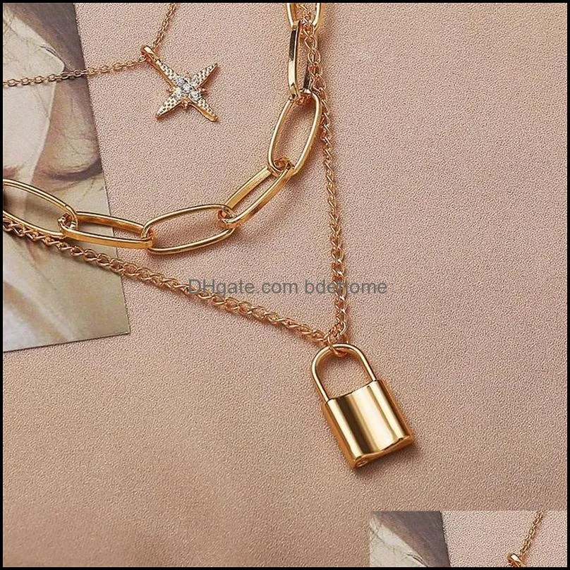 Necklace 2021 Multi-layer Necklaces Retro Eight Star Lock Pendant Thick Chain Female Jewlery For Women Wholesale Collares 720 Q2