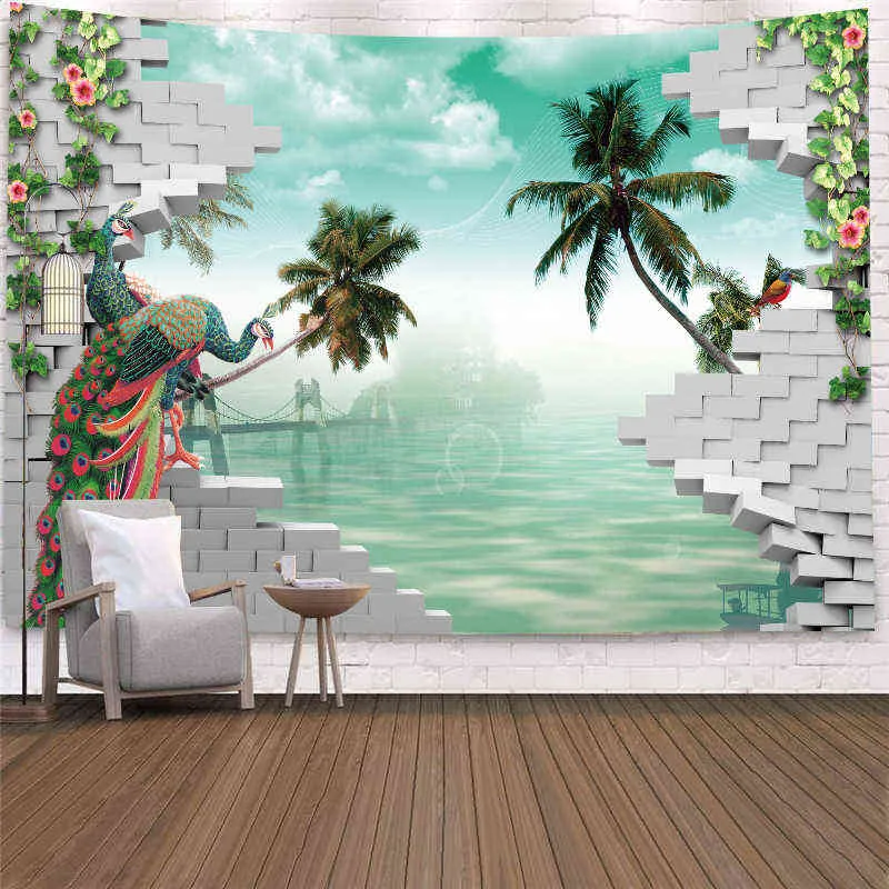 Gobelin imitacja okna krajobrazu dywan wiszące pawie kokosowe Oean ru
