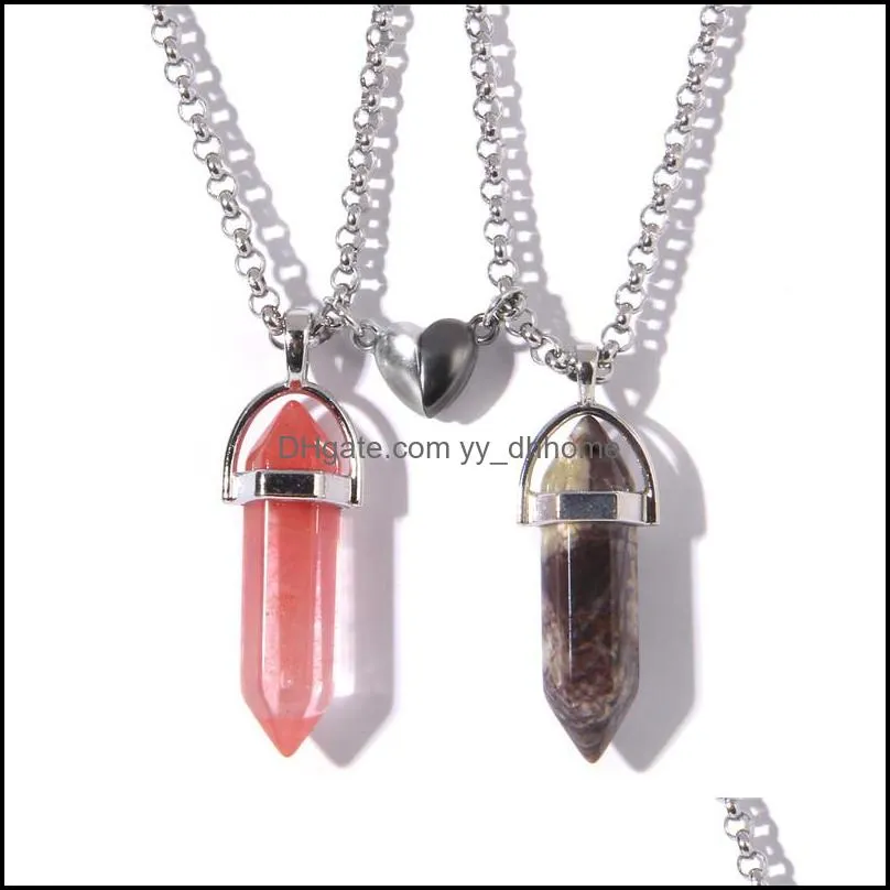 Natural Crystal Quartz Stone pendant neckace Love Heart Magnetic Button hexagonal prism necklaces For Couple Friend Gifts