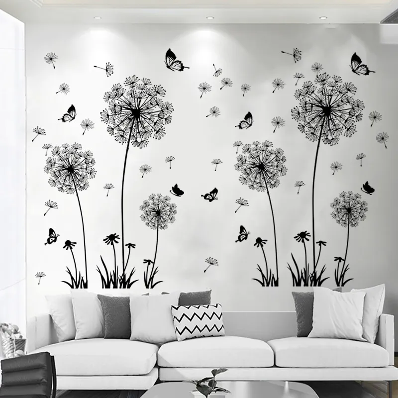 Black Dandelion Wall Sticker Butterflies on the Wall غرفة المعيشة غرفة نوم نافذة الديكور