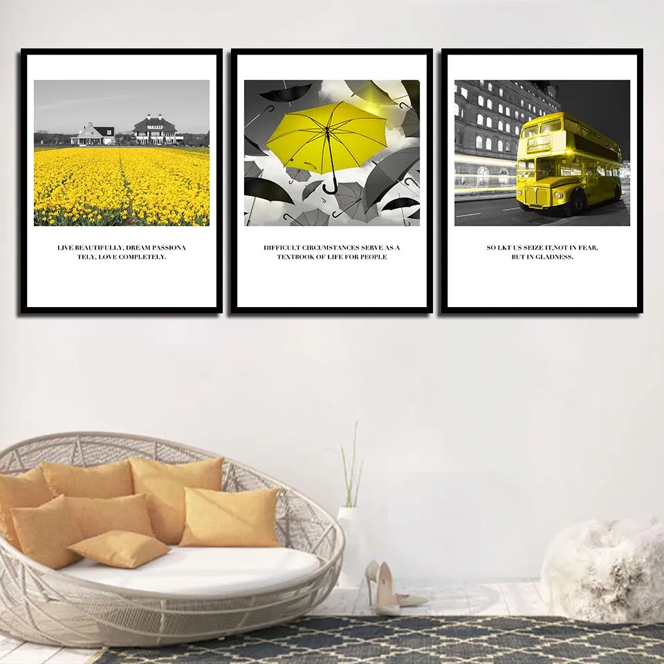 3 pezzi fiore giallo bus tela pittura moderna decorazione domestica soggiorno camera da letto stampa su tela pittura decorazione della parete immagine