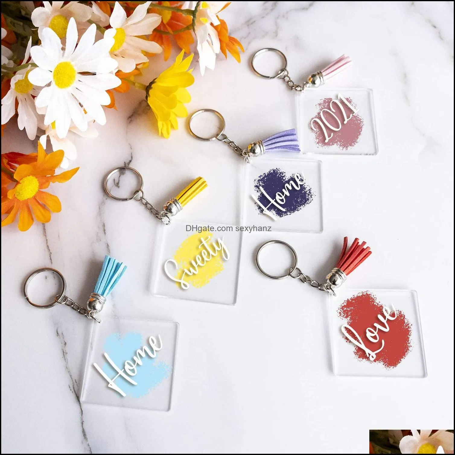 120 pcs square acrylic keychain blanks tassels set women bag pendant car key rings with chain diy crafts making kit w41f