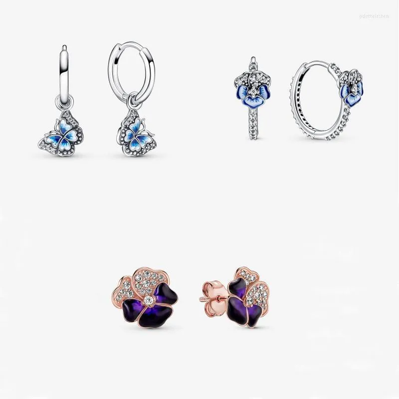 Hoop Huggie Hoop Huggie Boucles d'oreilles papillon fleur de pensée bleu profond 2022 cadeau de printemps bijoux en argent sterling pour femme bijoux de fêteHoop Odet22