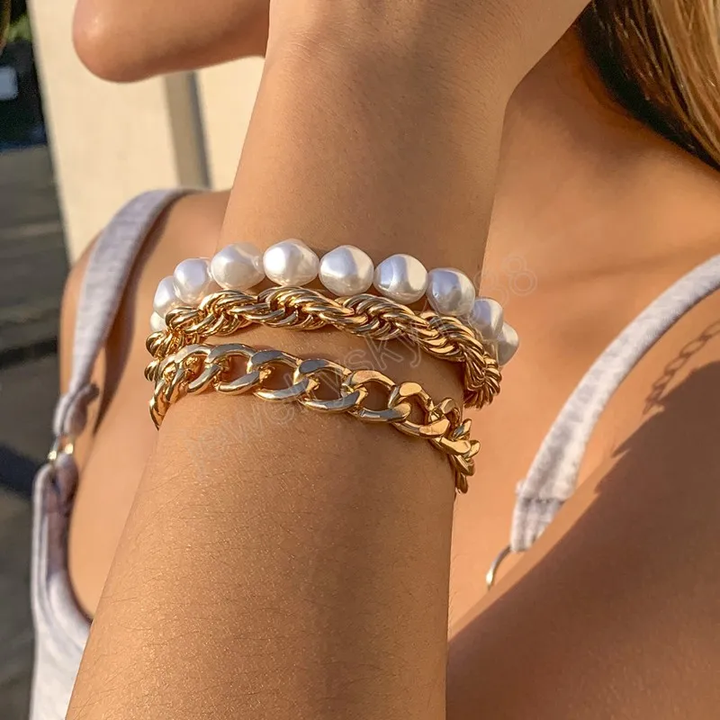 Vintage Imitation Pearl Beaded Bracelet Women's Boho Gold Metal Personality Creative Twist Chain Bracelets Girl Lover Jewelry