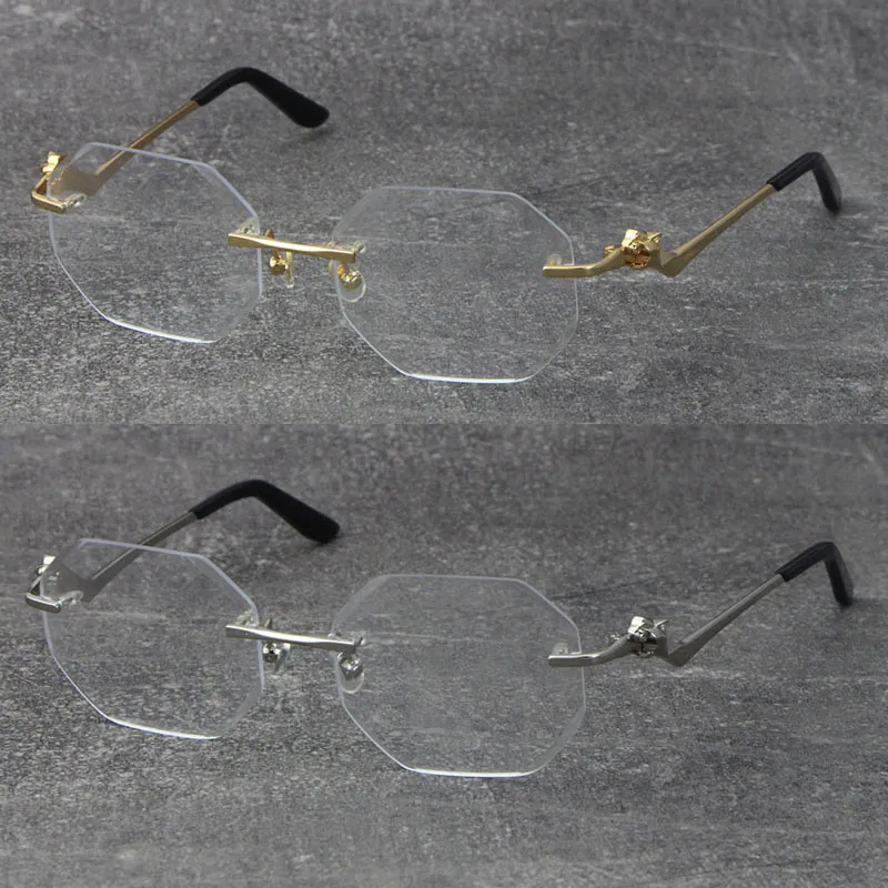 New Metal Diamond cut Lens Rimless Optical Reading Frames Square Eyeglasses 18K Gold Frame Glasses Men Myopic Fashion Eyewear Male and Female Size:55