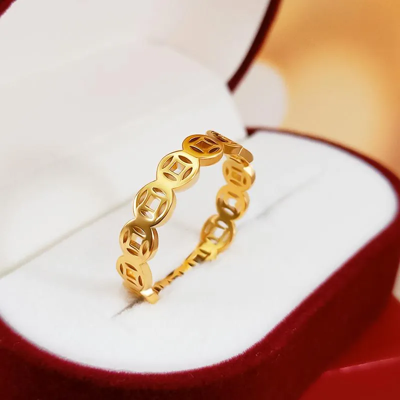 Obrączki ślubne złota miedziana moneta szczęście pierścień Vintage pieniądze urok dla mężczyzn i kobiet powodzenia Hollow biżuteria urodzinowa GiftWedding