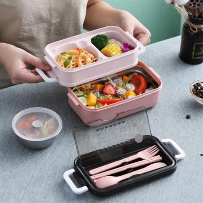 Lunch Box ABS Bento Boxes For School Kids Office Worker 2layers Microwae Heating Lunch Container Food Storage GCE13740