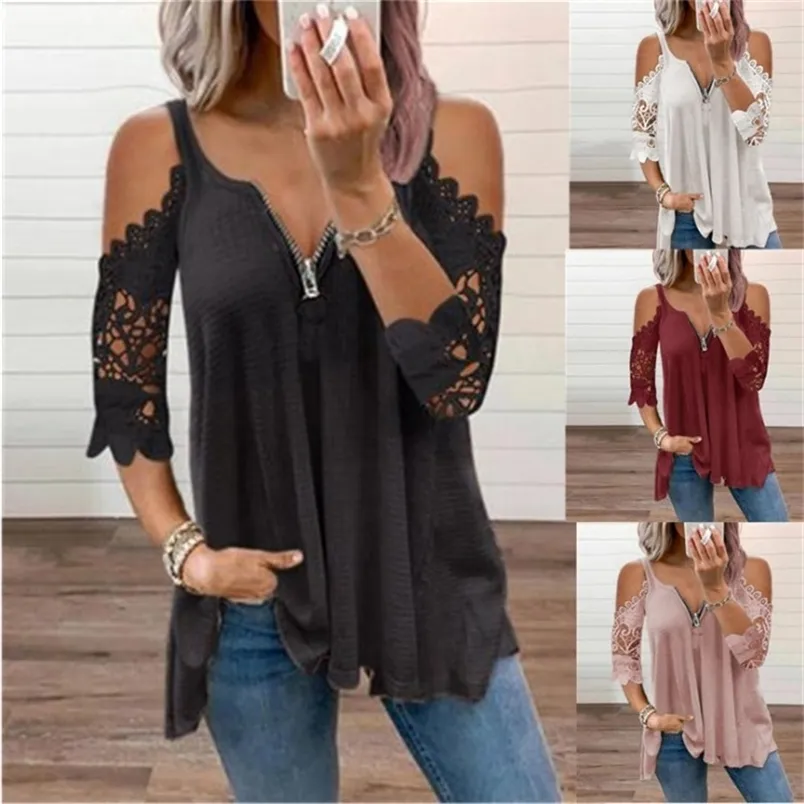 Fashion Off Shoulder Tops Sexy Lace Sleeve Patchwork Loose Blouses Tops Casual Zipper V Neck Female Tunic Tops T-shirt 220623