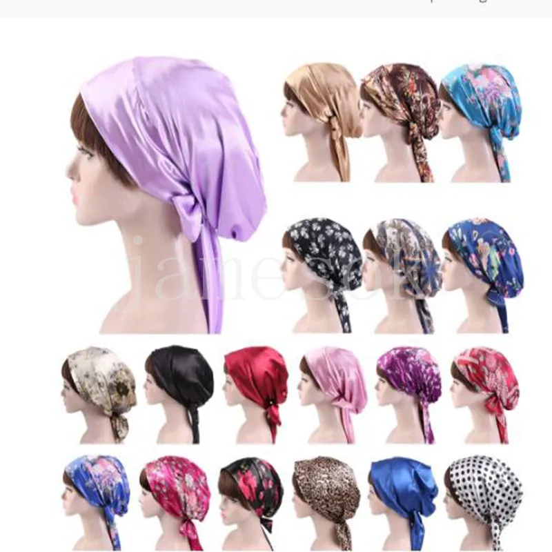 Damen Satin Nachtmützen Schleife Schlummertrunk Seide Chemische Kappe Langes Schwanzhaar Hut Kopftuch Wrap Turban Duschhaube de598