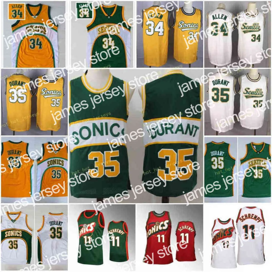 New Vintage Uomo Maglie Kevin 35 Durant Detlef 11 Schrempf Jersey Sport Fans Colore Giallo Verde Bianco SeattIe Ray 34 Allen Stitched