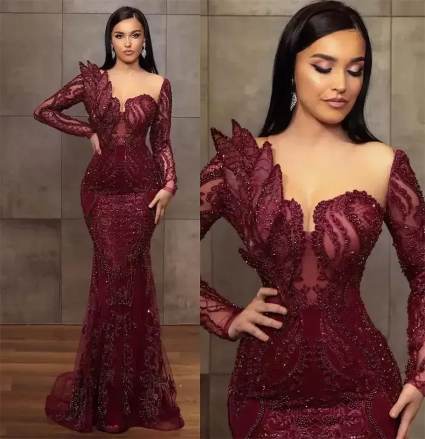 2023 Magnifique Bourgogne Robes De Soirée Perlées Sirène Sheer Cou Robe De Bal Manches Longues Partie Formelle Deuxième Robes Arabe Aso Ebi Major BC12326 GB1108