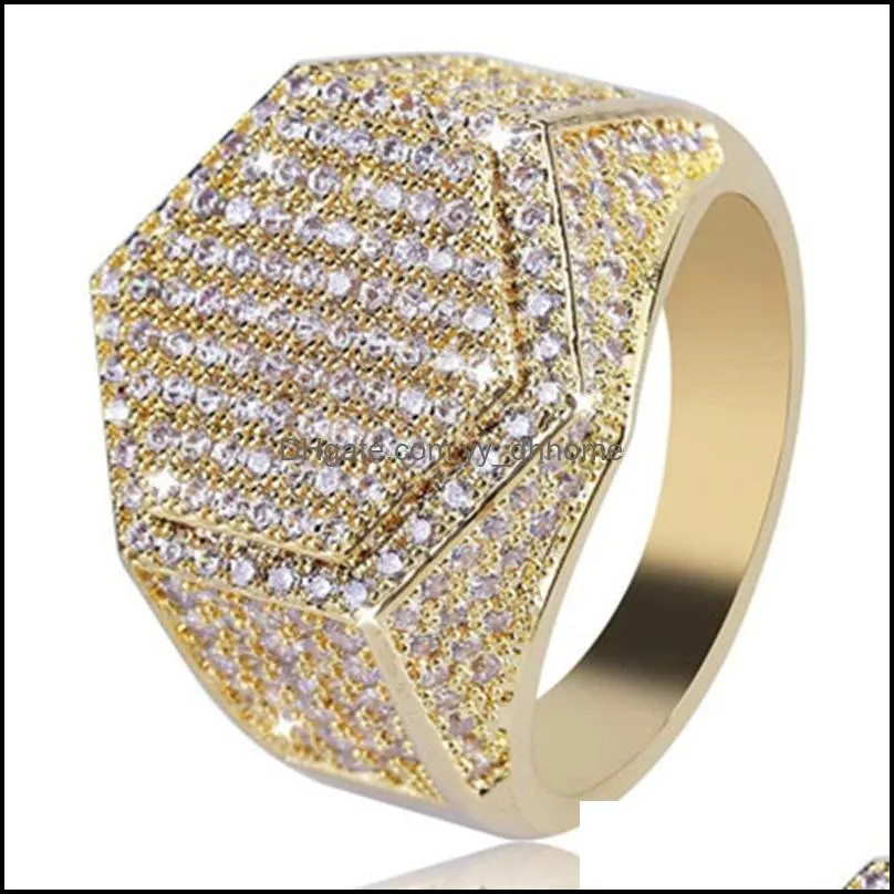 Hip Hop Cube Hexagon Ring Copper Gold Silver Color Plated Iced Out Micro Pave Cubic Zircon Ring for Men Women 260 J2