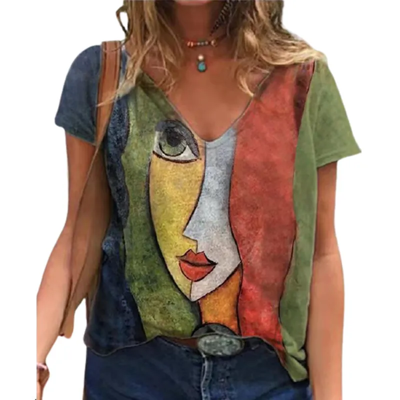 T-shirt décontracté pour femmes Summer V Neck Art Print T-shirt à manches courtes Vintage Y2K surdimensionné Streetwear Tee Tops Femme Chemise S-5XL 220616